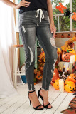 Gray Drawstring Elastic Waist Hole Ripped Jeans