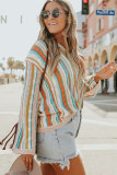 Multicolor Striped V Neck Bell Sleeve Hooded Sweater