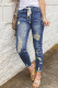 Blue Drawstring Elastic Waist Hole Ripped Jeans
