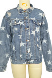 Stars Print Buttons Front Ripped Denim Jacket Women UNISHE Wholesale 