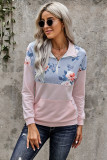 Floral Splice Pink Kangaroo Pocket Zip Collar Sweatshirt