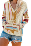 Orange Colorblock V Neck Pocket Long Sleeve Sweater