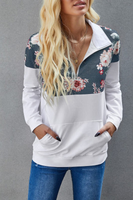 Floral Splice White Kangaroo Pocket Zip Collar Sweatshirt