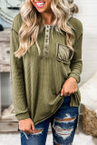 Green Waffle Elbow Patch Buttoned Long Sleeve Top