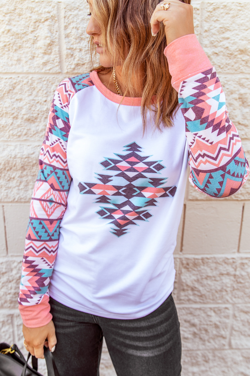 Light French Beige Aztec Patchwork Raglan Pullover Sweatshirt