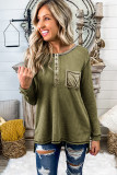 Green Waffle Elbow Patch Buttoned Long Sleeve Top