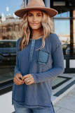 Sky Blue Waffle Elbow Patch Buttoned Long Sleeve Top