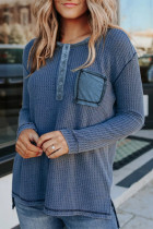 Sky Blue Waffle Elbow Patch Buttoned Long Sleeve Top