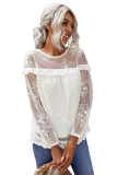 White Solid Color Crewneck Lace Mesh Ruffle Top