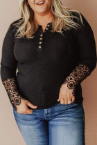 Black Lace Splicing Ribbed Long Sleeve Plus Size Top