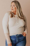 Apricot Lace Splicing Ribbed Long Sleeve Plus Size Top