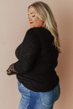 Black Lace Splicing Ribbed Long Sleeve Plus Size Top