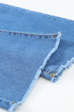 Sky Blue High Waist Raw Hem Button Ripped Flare Jeans