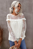 White Solid Color Crewneck Lace Mesh Ruffle Top