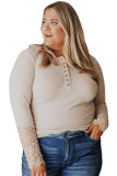 Apricot Lace Splicing Ribbed Long Sleeve Plus Size Top