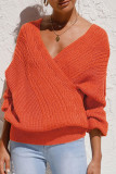 Orange Wrap V Neck Lantern Sleeve Textured Sweater