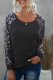 Gray Leopard Patch Ribbed Loose Long Sleeve Blouse