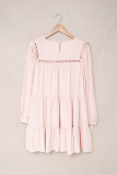 Pink Crewneck Lantern Sleeve Hollow-Out Tiered Dress with Pocket