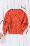Orange Wrap V Neck Lantern Sleeve Textured Sweater