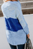 Sky Blue Color Block Drop Shoulder Open Front Knitted Sweater