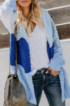 Sky Blue Color Block Drop Shoulder Open Front Knitted Sweater