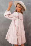 Pink Crewneck Lantern Sleeve Hollow-Out Tiered Dress with Pocket