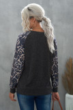 Gray Leopard Patch Ribbed Loose Long Sleeve Blouse