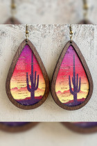Cactus Print Aztec Wooden PU Earrings 3PCS/PACK MOQ 5pcs