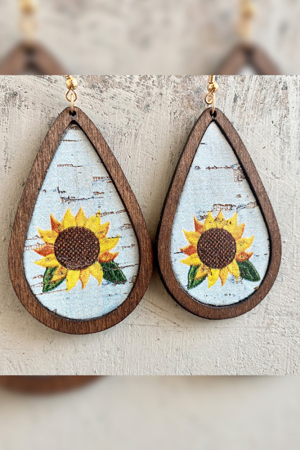 Sunflower Print Aztec Wooden PU Earrings 3PCS/PACK MOQ 3pcs
