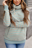 Green Striped Turtleneck Hoodie with Pocket