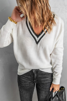 White Deep V Contrasted Neckline Knitted Sweater