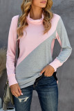 Pink Turtle Neck Sloping Color Block Long Sleeve Top
