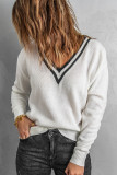 White Deep V Contrasted Neckline Knitted Sweater