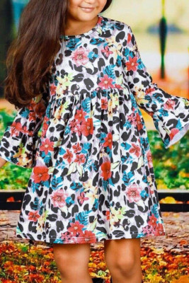 Girls Floral Leopard Long Ruffled Sleeve Dress