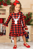 Girls Plaid Reindeer Graphic Ruffled Dress
