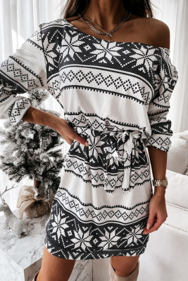 White Christmas Pattern Print Lace-up Long Sleeve Mini Dress