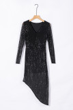 Black V Neck Long Sleeve Asymmetric Sequin Dress