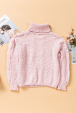 Pink Solid Turtleneck Cable Knit Pullover Sweater