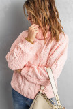 Pink Solid Turtleneck Cable Knit Pullover Sweater