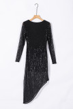 Black V Neck Long Sleeve Asymmetric Sequin Dress