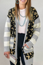 Leopard Print Cardigan with Striped Sleeve