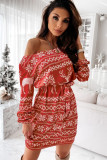 Christmas Pattern Print Lace-up Long Sleeve Mini Dress
