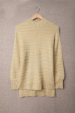 Khaki Solid Color Stand Collar Textured Sweater
