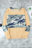 Camo Print Splicing Waffle Knit Long Sleeve Top with Thumb Hole