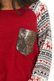 Red Christmas Print Sleeve Sequin Pocket RaglanTop