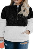Black Colorblock Half Zipper Fleece Plus Size Sweatshirt with Pocket