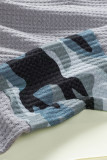 Gray Camo Print Splicing Waffle Knit Long Sleeve Top with Thumb Hole