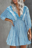Sky Blue V Neck 3/4 Sleeve Bohemian Vintage Print Mini Dress