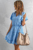 Blue Dotted Print Split Neck Flutter Sleeve Flowy Tunic Mini Dress