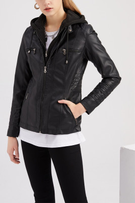 PU Removable Knitted Hood Double Zipper Leather Coat Unishe Wholesale